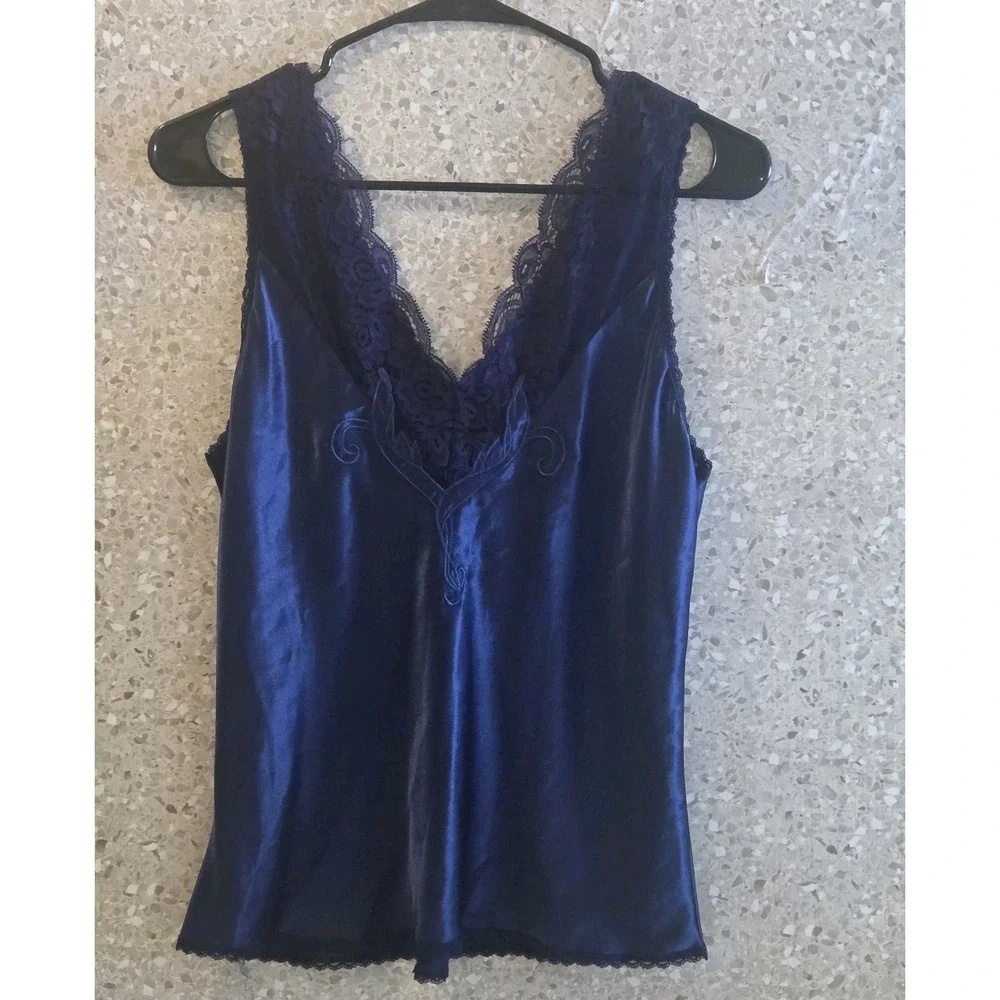 Natori‎ Blue Satin Lace Trim Sleep Cami Top Womens Small S Silky Lingerie